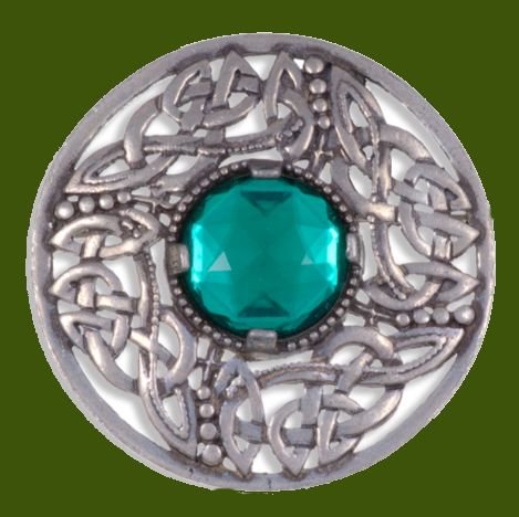 Image 0 of Celtic Open Knotwork Antiqued Green Glass Stone Round Stylish Pewter Brooch