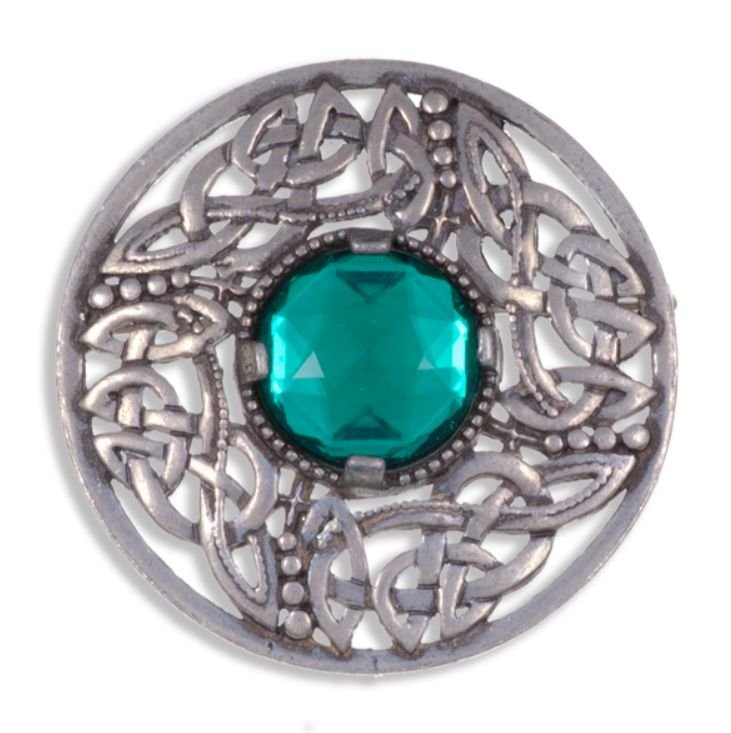 Image 1 of Celtic Open Knotwork Antiqued Green Glass Stone Round Stylish Pewter Brooch