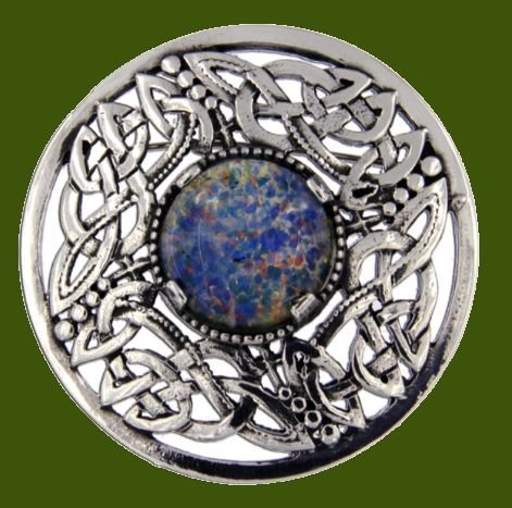 Image 0 of Celtic Open Knotwork Antiqued Opal Glass Stone Round Stylish Pewter Brooch