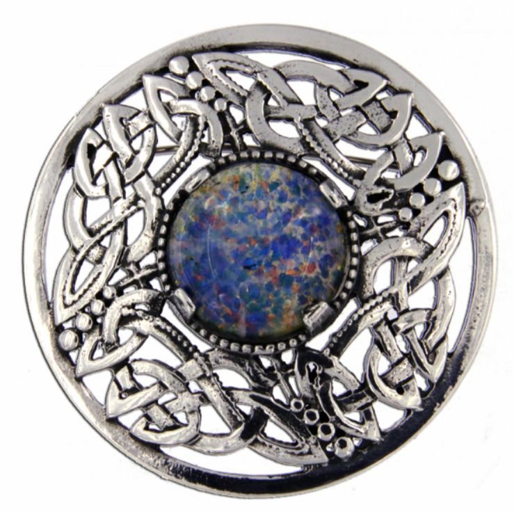 Image 1 of Celtic Open Knotwork Antiqued Opal Glass Stone Round Stylish Pewter Brooch