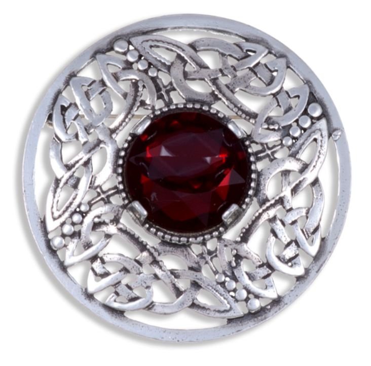 Image 1 of Celtic Open Knotwork Antiqued Red Glass Stone Round Stylish Pewter Brooch