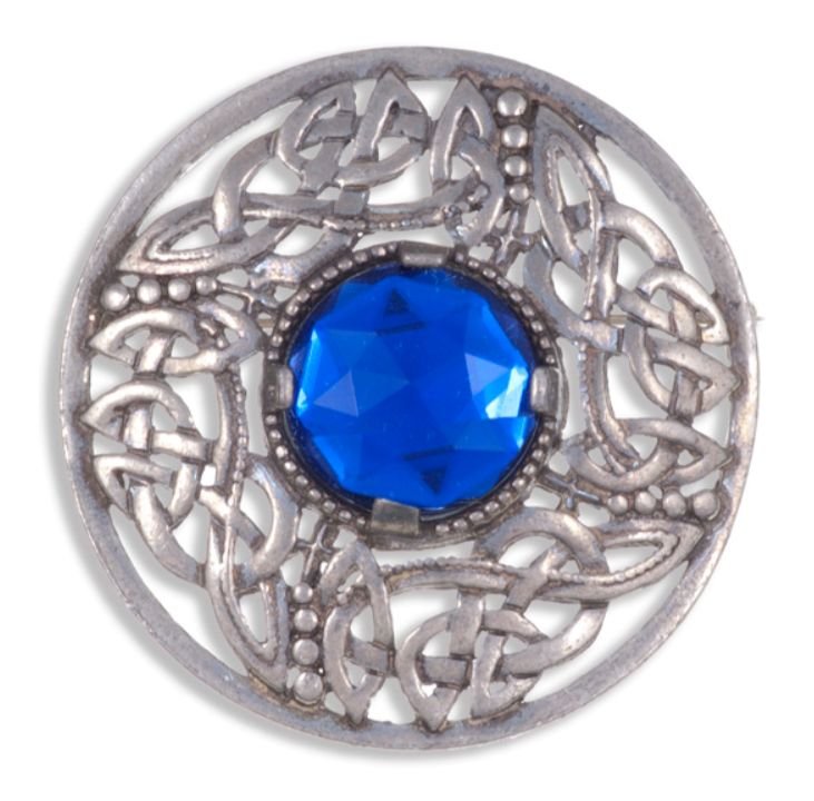 Image 1 of Celtic Open Knotwork Antiqued Blue Glass Stone Round Stylish Pewter Brooch