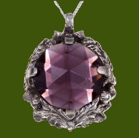 Image 0 of Thistle Antiqued Floral Emblem Purple Glass Stone Stylish Pewter Pendant