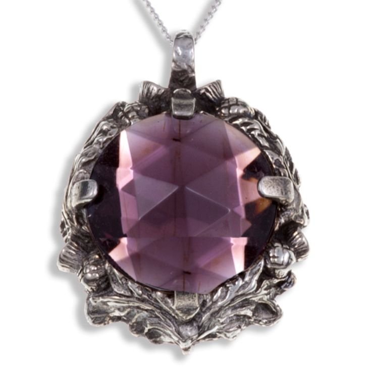 Image 1 of Thistle Antiqued Floral Emblem Purple Glass Stone Stylish Pewter Pendant