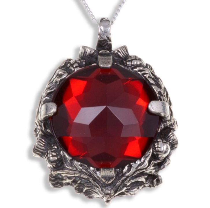 Image 1 of Thistle Antiqued Floral Emblem Red Glass Stone Stylish Pewter Pendant