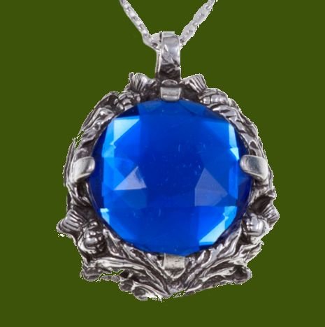 Image 0 of Thistle Antiqued Floral Emblem Blue Glass Stone Stylish Pewter Pendant