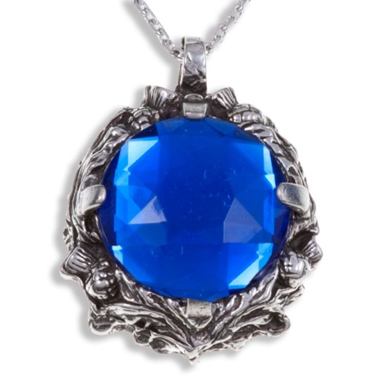 Image 1 of Thistle Antiqued Floral Emblem Blue Glass Stone Stylish Pewter Pendant