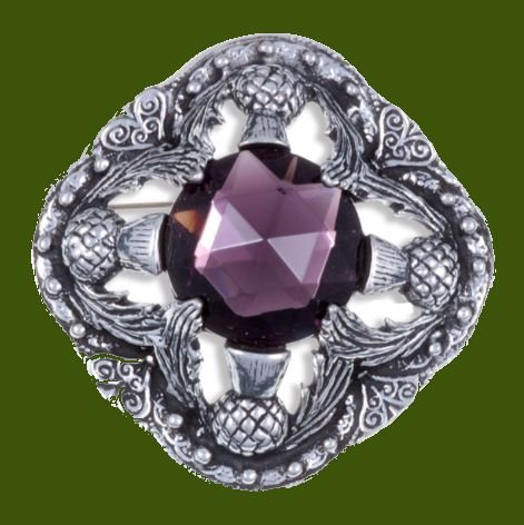 Image 0 of Thistle Flower Antiqued Square Purple Glass Stone Stylish Pewter Brooch