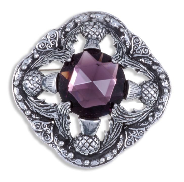 Image 1 of Thistle Flower Antiqued Square Purple Glass Stone Stylish Pewter Brooch