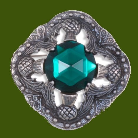 Image 0 of Thistle Flower Antiqued Square Green Glass Stone Stylish Pewter Brooch
