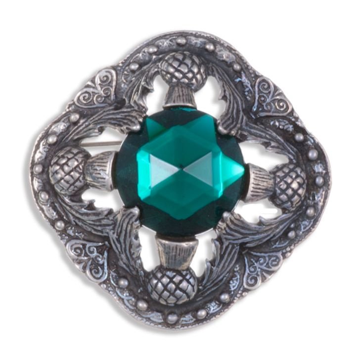 Image 1 of Thistle Flower Antiqued Square Green Glass Stone Stylish Pewter Brooch