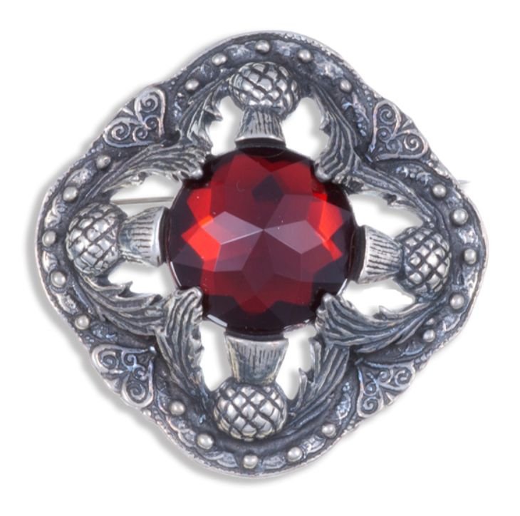 Image 1 of Thistle Flower Antiqued Square Red Glass Stone Stylish Pewter Brooch