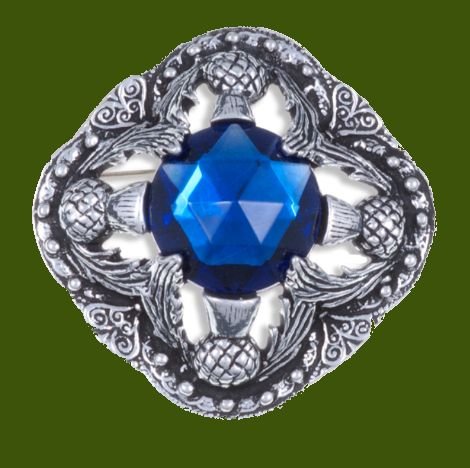 Image 0 of Thistle Flower Antiqued Square Blue Glass Stone Stylish Pewter Brooch