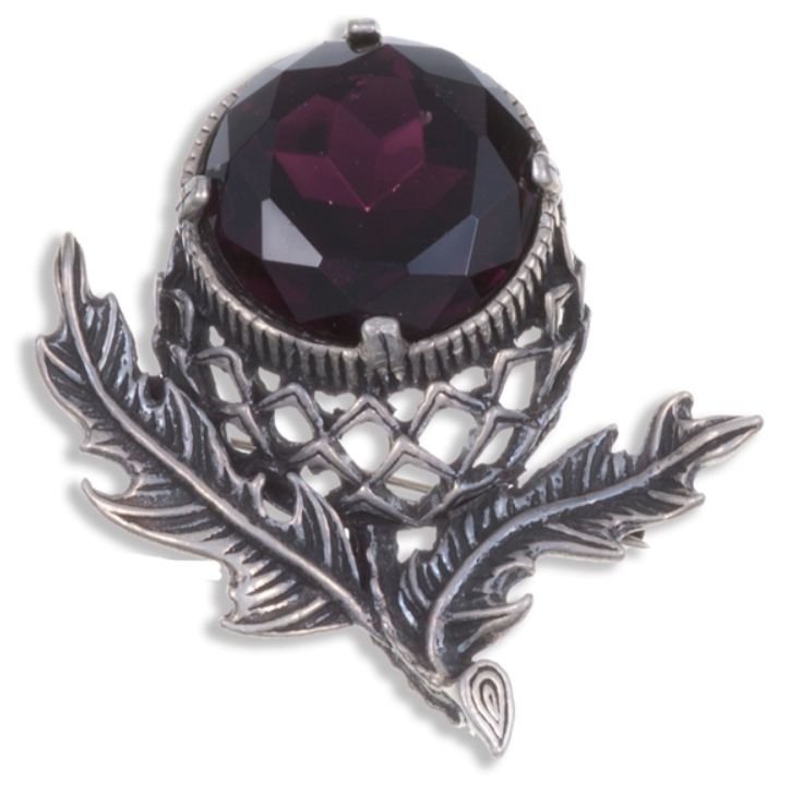 Image 1 of Thistle Flower Antiqued Purple Glass Stone Stylish Pewter Brooch