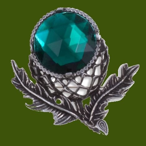 Image 0 of Thistle Flower Antiqued Green Glass Stone Stylish Pewter Brooch