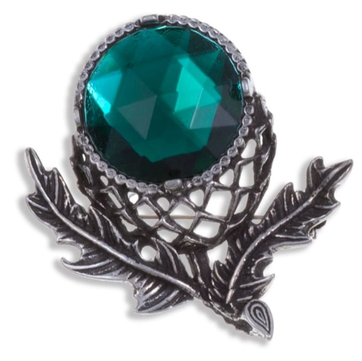 Image 1 of Thistle Flower Antiqued Green Glass Stone Stylish Pewter Brooch