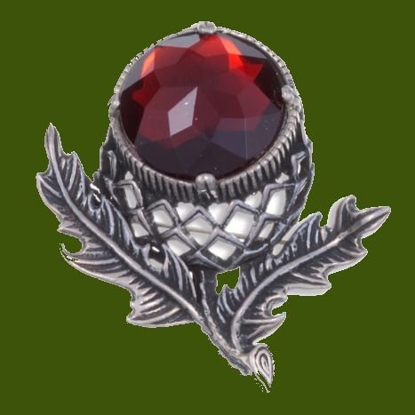 Image 0 of Thistle Flower Antiqued Red Glass Stone Stylish Pewter Brooch