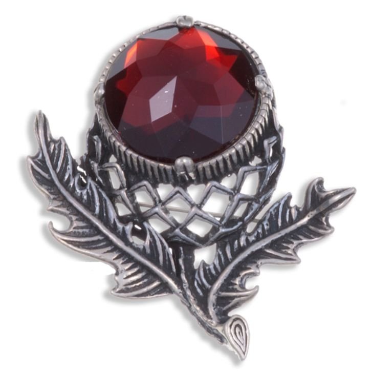 Image 1 of Thistle Flower Antiqued Red Glass Stone Stylish Pewter Brooch