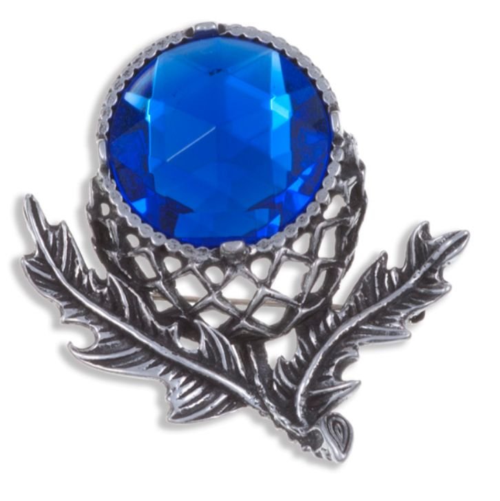 Image 1 of Thistle Flower Antiqued Blue Glass Stone Stylish Pewter Brooch