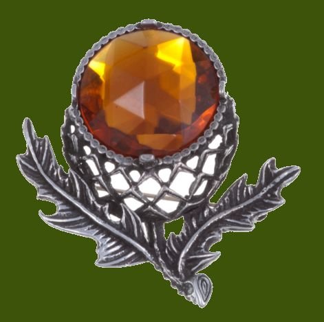Image 0 of Thistle Flower Antiqued Orange Glass Stone Stylish Pewter Brooch