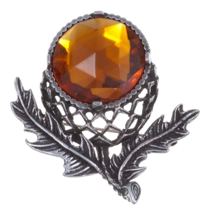 Image 1 of Thistle Flower Antiqued Orange Glass Stone Stylish Pewter Brooch