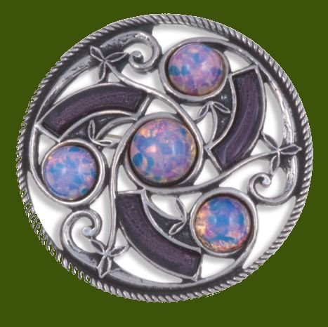 Image 0 of Celtic Triscele Knotwork Antiqued Opal Purple Glass Stone Stylish Pewter Brooch