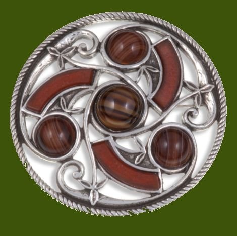 Image 0 of Celtic Triscele Knotwork Antiqued Brown Glass Stone Stylish Pewter Brooch