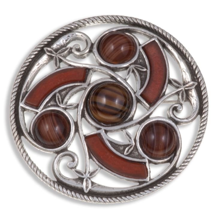 Image 1 of Celtic Triscele Knotwork Antiqued Brown Glass Stone Stylish Pewter Brooch