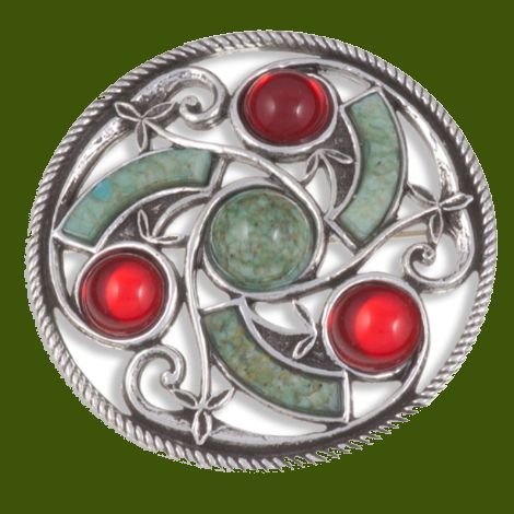 Image 0 of Celtic Triscele Knotwork Antiqued Iona Red Glass Stone Stylish Pewter Brooch