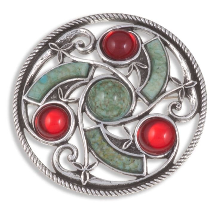 Image 1 of Celtic Triscele Knotwork Antiqued Iona Red Glass Stone Stylish Pewter Brooch
