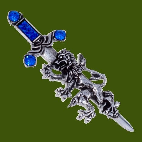 Image 0 of Rampant Lion Sword Antiqued Blue Glass Stone Stylish Pewter Brooch
