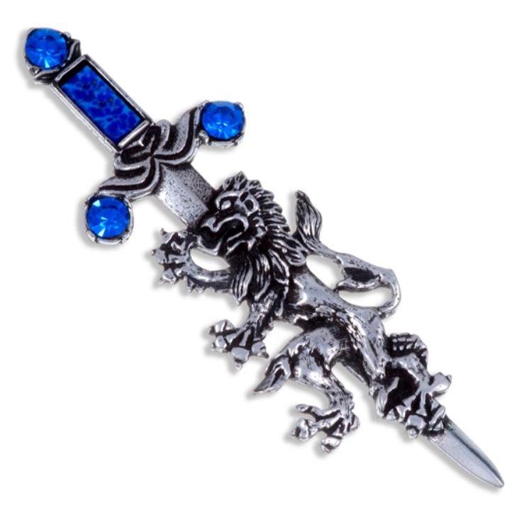 Image 1 of Rampant Lion Sword Antiqued Blue Glass Stone Stylish Pewter Brooch