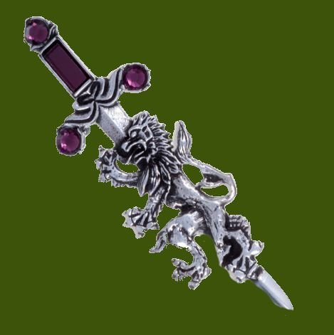 Image 0 of Rampant Lion Sword Antiqued Purple Glass Stone Stylish Pewter Brooch