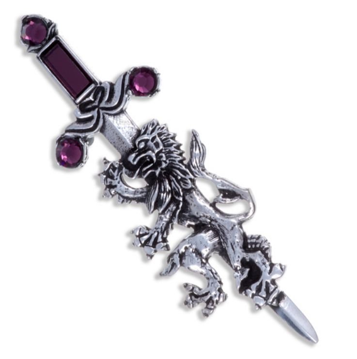 Image 1 of Rampant Lion Sword Antiqued Purple Glass Stone Stylish Pewter Brooch