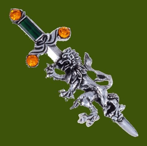 Image 0 of Rampant Lion Sword Antiqued Orange Green Glass Stone Stylish Pewter Brooch