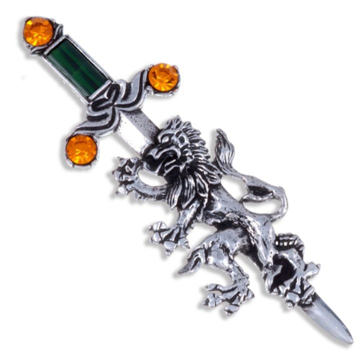 Image 1 of Rampant Lion Sword Antiqued Orange Green Glass Stone Stylish Pewter Brooch