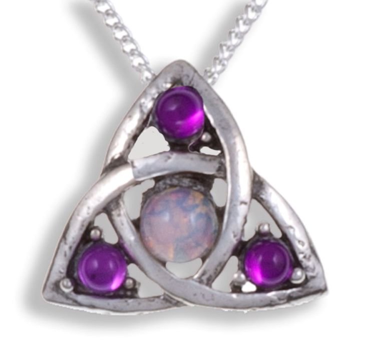 Image 1 of Celtic Love Knot Antiqued Opal Purple Glass Stone Small Stylish Pewter Pendant