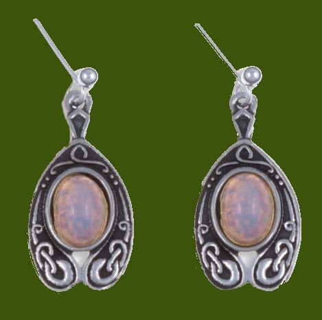 Image 0 of Celtic Knot Nouveau Opal Glass Stone Stylish Pewter Sheppard Hook Earrings