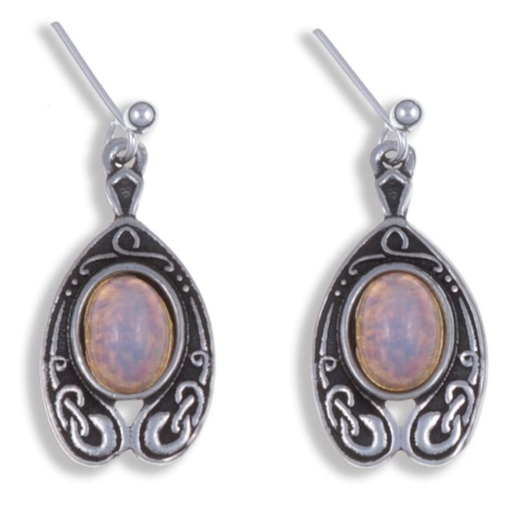 Image 1 of Celtic Knot Nouveau Opal Glass Stone Stylish Pewter Sheppard Hook Earrings