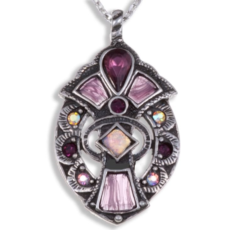 Image 1 of Fan Antiqued Purple Glass Stone Small Stylish Pewter Pendant