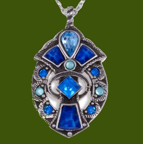 Image 0 of Fan Antiqued Blue Glass Stone Small Stylish Pewter Pendant