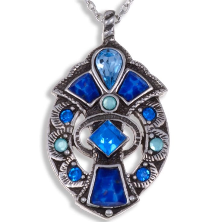 Image 1 of Fan Antiqued Blue Glass Stone Small Stylish Pewter Pendant
