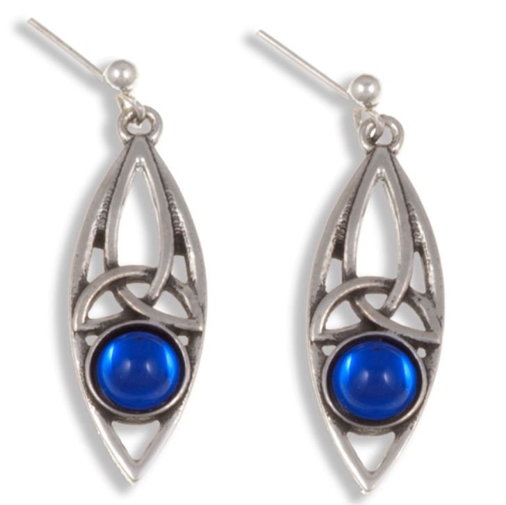 Image 1 of Celtic Oval Antiqued Blue Glass Stone Stylish Pewter Sheppard Hook Earrings