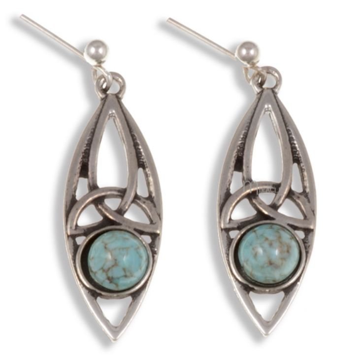 Image 1 of Celtic Oval Antiqued Turquoise Glass Stone Stylish Pewter Sheppard Hook Earrings