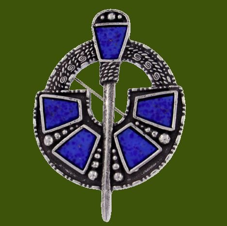 Image 0 of Tara Large Round Blue Glass Stone Antiqued Penannular Stylish Pewter Brooch