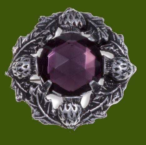 Image 0 of Thistle Flower Antiqued Round Purple Glass Stone Stylish Pewter Brooch
