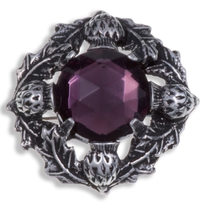 Image 1 of Thistle Flower Antiqued Round Purple Glass Stone Stylish Pewter Brooch