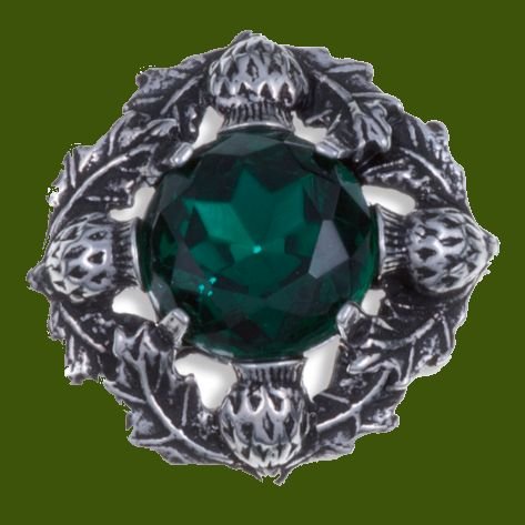 Image 0 of Thistle Flower Antiqued Round Green Glass Stone Stylish Pewter Brooch