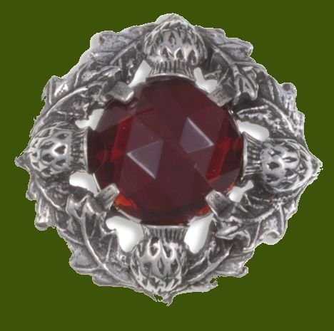 Image 0 of Thistle Flower Antiqued Round Red Glass Stone Stylish Pewter Brooch