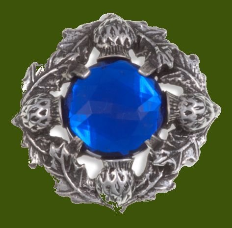 Image 0 of Thistle Flower Antiqued Round Blue Glass Stone Stylish Pewter Brooch